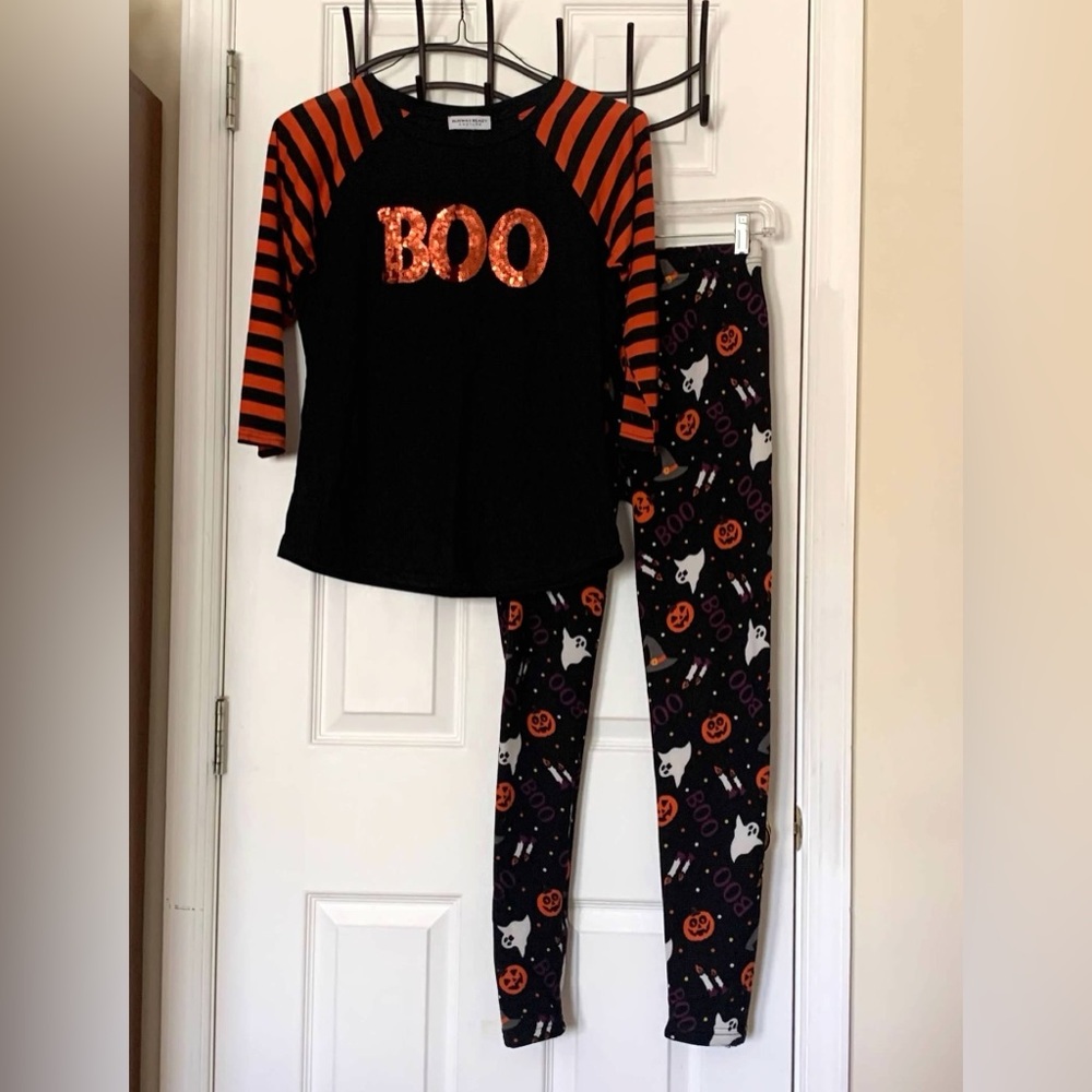 Girls Halloween Outfit Black Ghost Pumpkin Leggings & Boo Top Girls 14-16